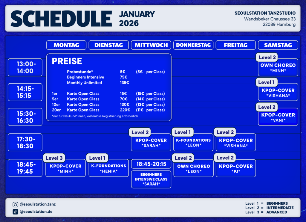 Schedule ab 2026, Preise ab 2026 SeoulStation Tanzstudio